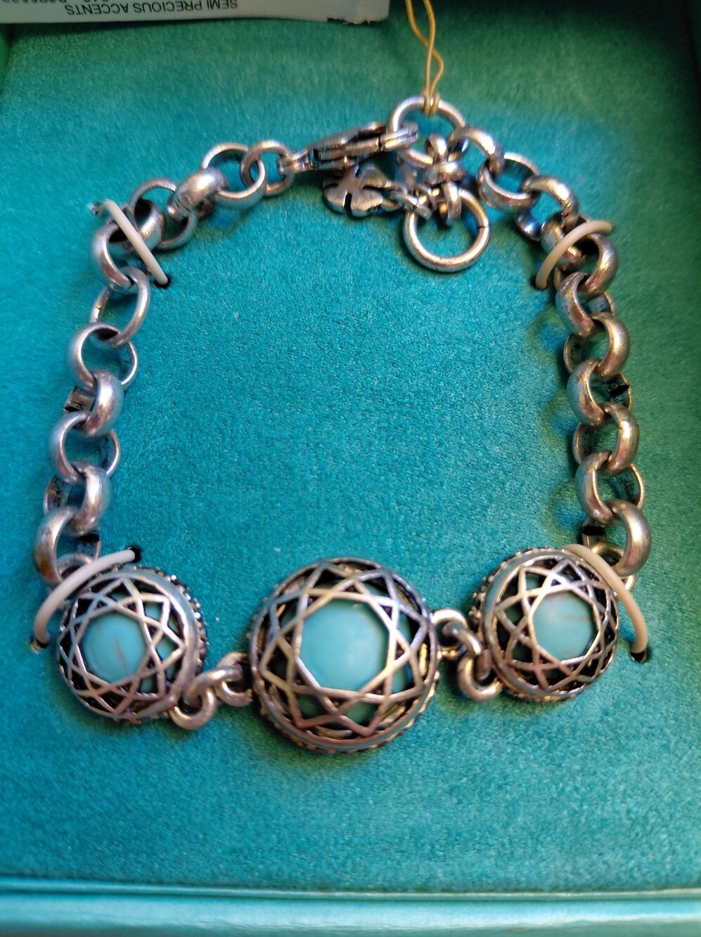 Lucky Brand Silver Tone Link Bracelet With Turquoise 8" NIB